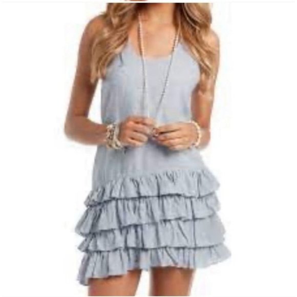 Island Company Paler Blue Boho Linen Mini Dress Ruffled Racerback Sundress Sz XS - Picture 2 of 7